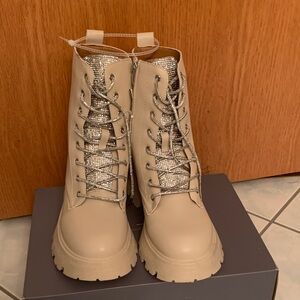 Wild Diva Stylish Cream Ankle Boots with Silver Rhinestones Accents